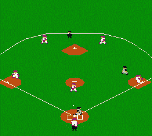 a pixel art illustration of a baseball game with a stadium in the background