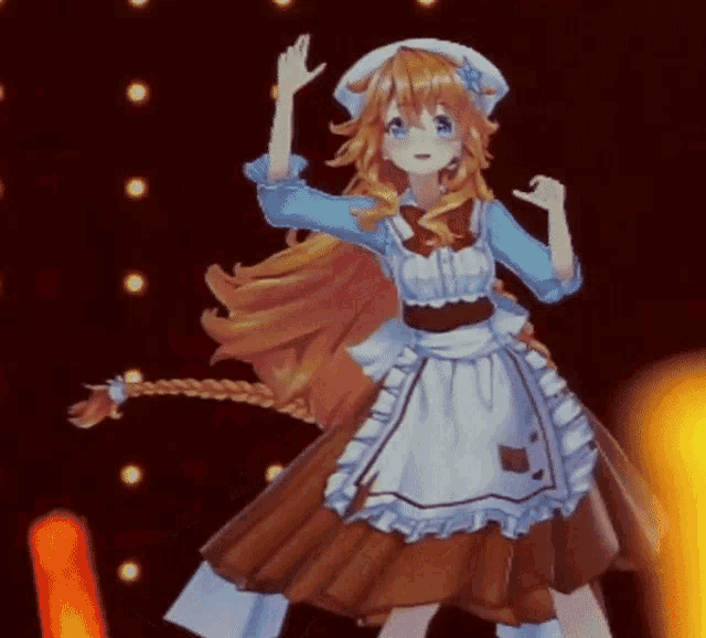 a girl in an apron and hat is dancing on a stage .