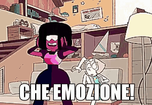 garnet from steven universe is standing in a living room next to a couch .