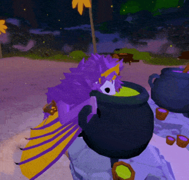 a purple and yellow cartoon character is sitting in a pot of green liquid