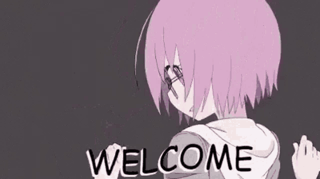 a cartoon girl with glasses is pointing at her chest and saying `` welcome '' .