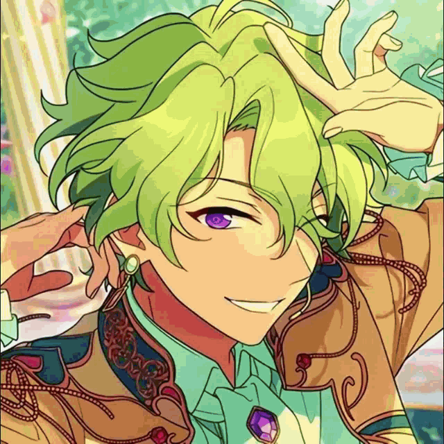 a man with green hair and purple eyes is smiling and making a peace sign