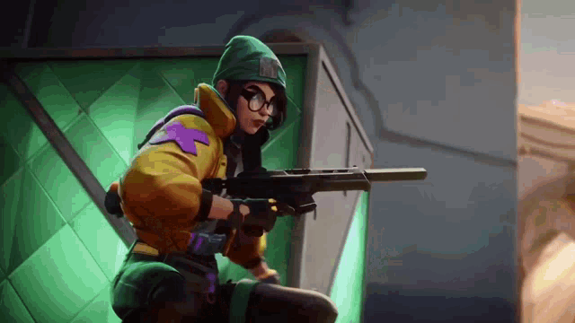 a video game character is holding a gun and wearing glasses