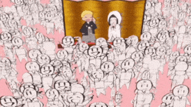 a cartoon of a bride and groom surrounded by a crowd of people