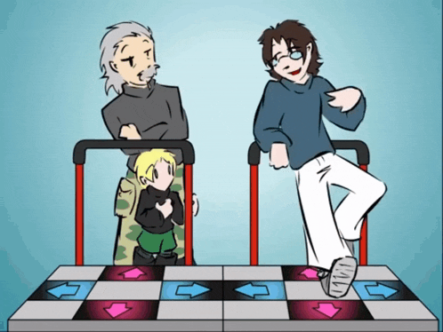 a cartoon of three people standing on a dance floor with arrows pointing in opposite directions