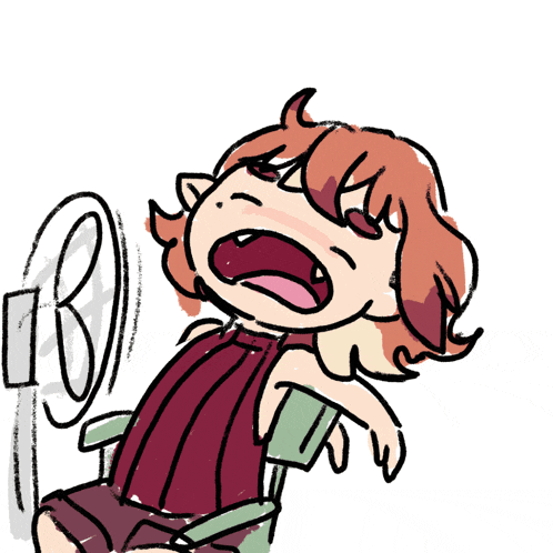 a cartoon of a girl with her mouth open sitting in front of a fan