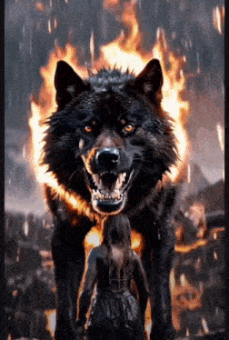 a woman is standing in front of a large black wolf with flames around its head .