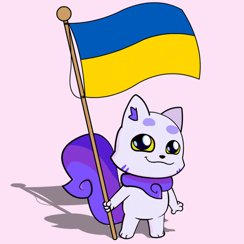 a cartoon cat is holding a blue and yellow flag on a pole