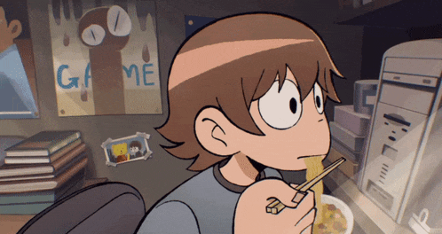 a cartoon of a boy eating ramen with chopsticks