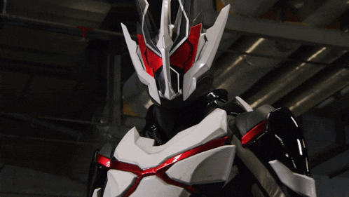 a close up of a person wearing a black and white costume