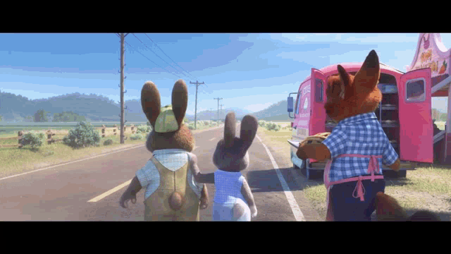 three stuffed animals are walking down a road in front of a pink truck that says ' ice cream truck ' on it