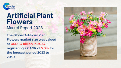 an advertisement for artificial plant flowers shows a bunch of flowers in a vase