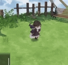 a little girl is walking on a lush green field .