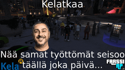 a man is smiling in front of a crowd in a video game with the words kelatkaa in white letters