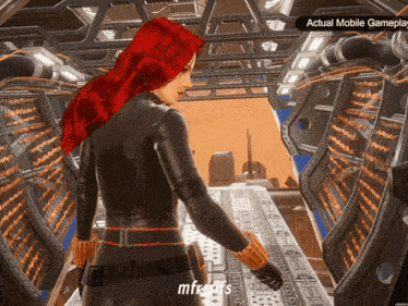 a woman with red hair is standing in a room that says actual mobile gameplay on it