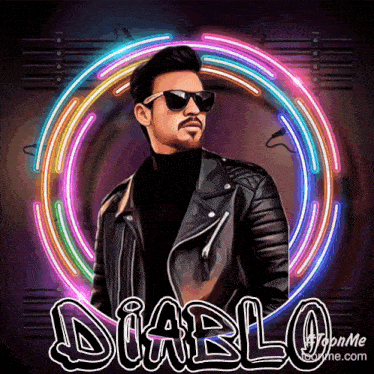 a man wearing sunglasses and a leather jacket stands in front of a neon circle that says diablo