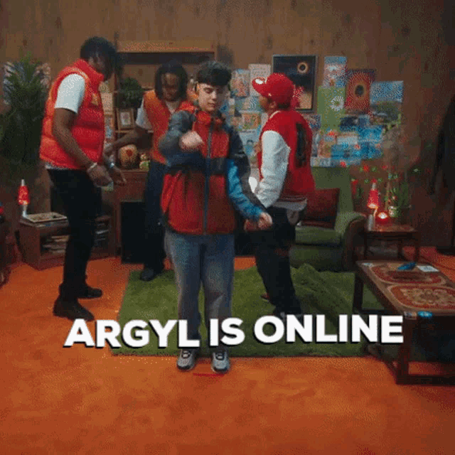 a group of people are dancing in a living room with the words argyl is online written above them .