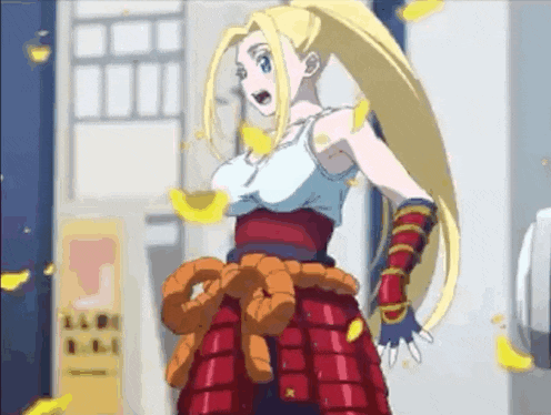 a girl with blonde hair and a ponytail is standing in front of a yellow sign .