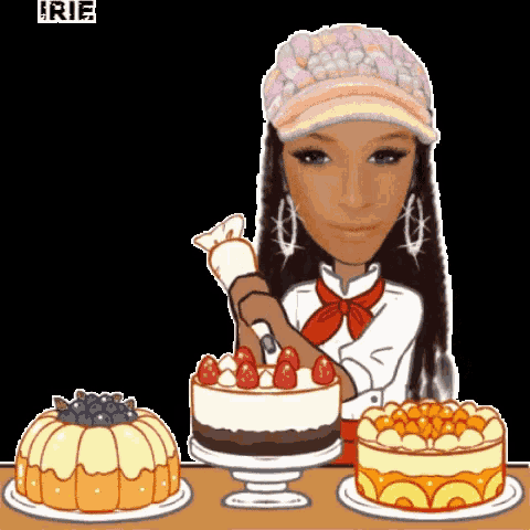 a cartoon of a woman decorating a cake with the word irie at the top