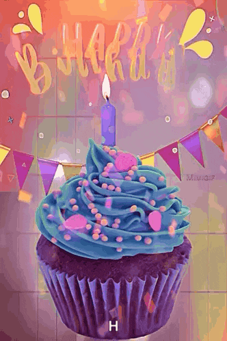 a birthday cupcake with blue frosting and a candle with the letter h on it