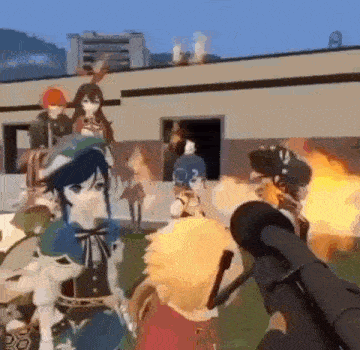 a group of anime characters are standing in front of a building while a person is holding a gun .