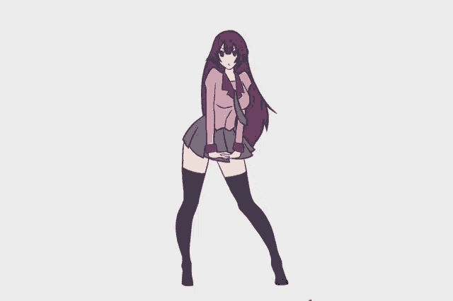 a cartoon drawing of a girl with long purple hair dancing