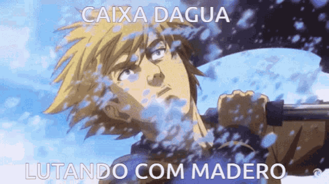 a cartoon of a man holding a sword with the words caixa dagua lutando com madero
