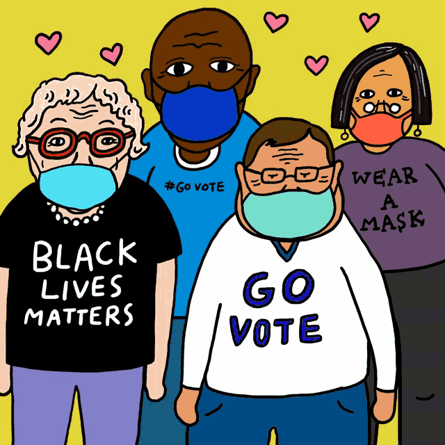a group of people wearing masks and shirts that say go vote
