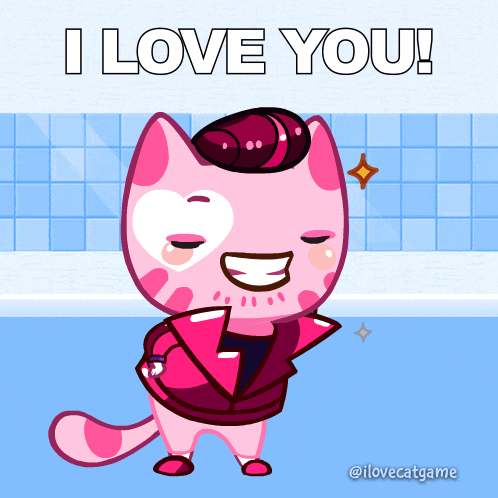 a cartoon cat is standing in front of a blue tiled wall and says " i love you "