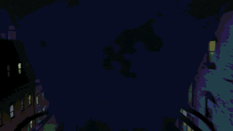 a pixel art of a city at night with a satellite dish on top of a building