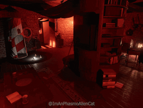 a person sitting on a couch with a lamp and the words imanphasmaaliencat on the bottom right