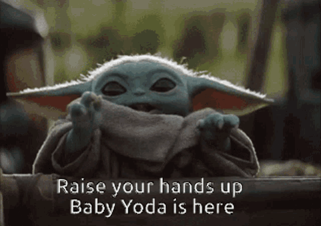 a baby yoda is sitting on a table with the words `` raise your hands up baby yoda is here '' written below it .