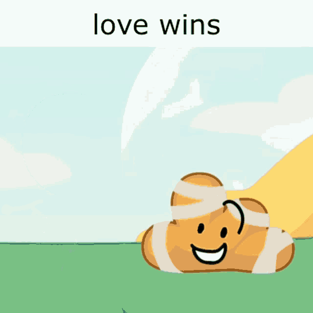a cartoon drawing of a balloon and a bread with a bandage on it and the words love wins below it