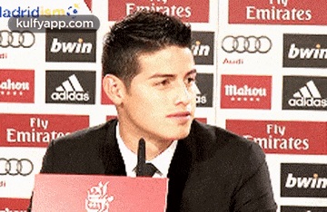 a man in a suit and tie is sitting in front of a microphone in front of a wall that has fly emirates written on it