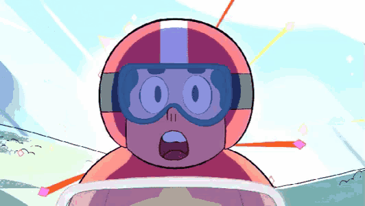 a cartoon character wearing a red helmet and goggles