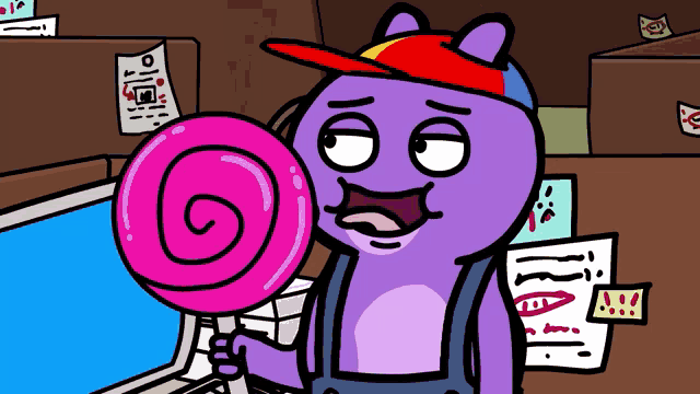 a cartoon character holding a pink spiral lollipop