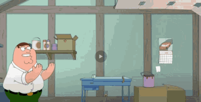 a cartoon of peter griffin in a room with a play button