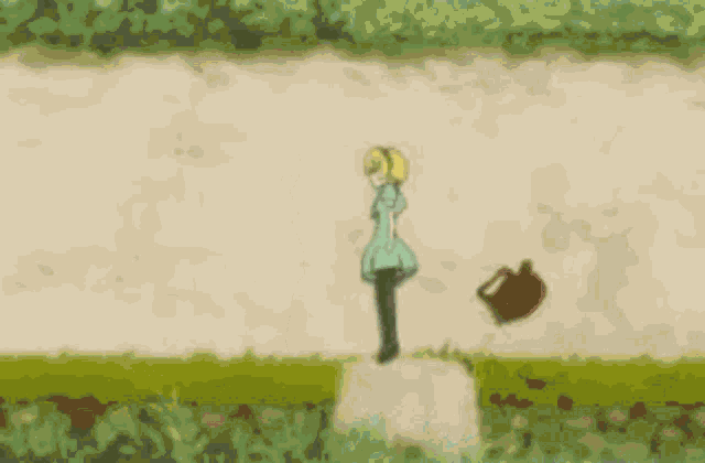 a cartoon of a girl standing next to a red watering can on a dirt road .