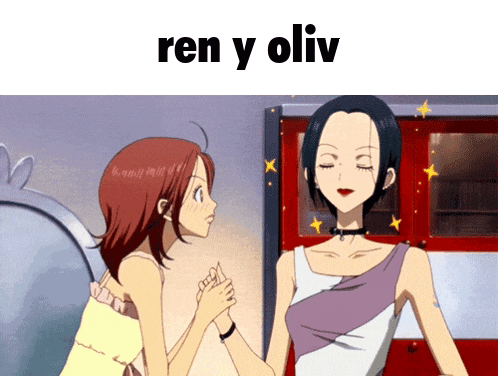 two anime girls are standing next to each other with the words ren y oliv below them