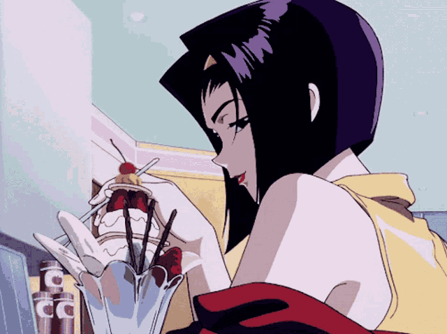 a cowboy bebop character is eating an ice cream sundae