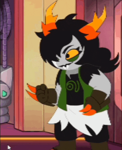 a cartoon character with horns is standing in front of a door .