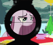 a sniper scope shows a pink pony with a sad look on its face