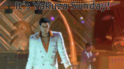 a man in a white suit with the words it 's yakuza sunday written above him