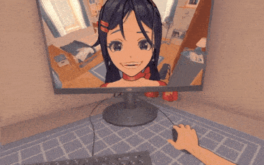 a computer monitor with a girl on it and a keyboard