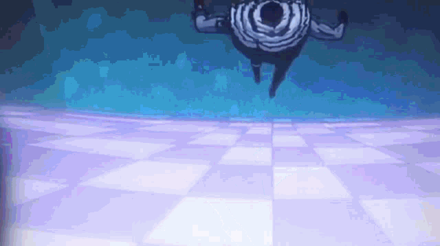 a man is flying through the air on a checkered floor