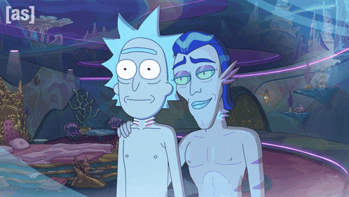 a cartoon of rick and morty standing next to each other with the caption [ as ] on the bottom