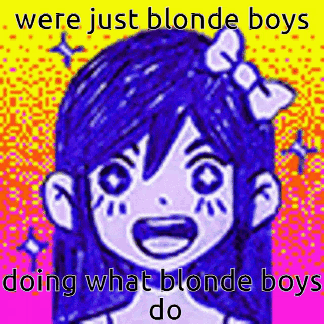 a cartoon of a girl with blue hair and a bow on her head with the words were just blonde boys doing what blonde boys do