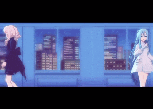 two anime girls are walking in front of a window with a city skyline in the background