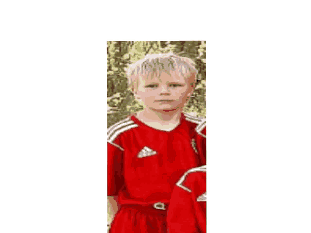 a young boy wearing a red adidas shirt stands in the woods