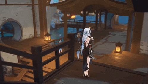 a video game character with long white hair is standing on a balcony